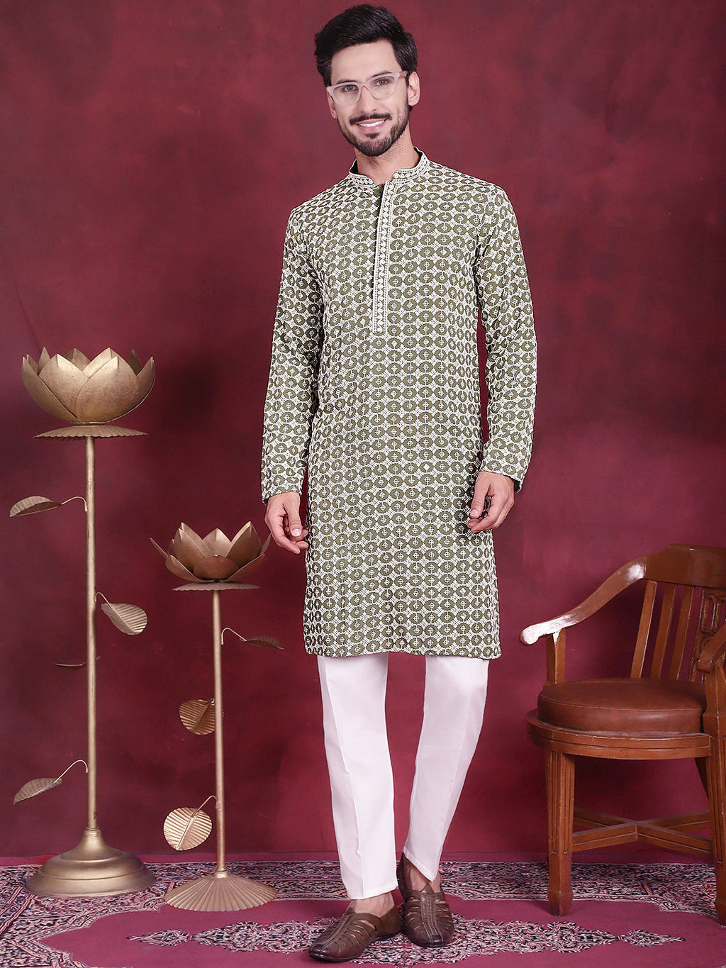 Jompers Men's Sequins Embroidered Kurta - Mehndi | Grocsy