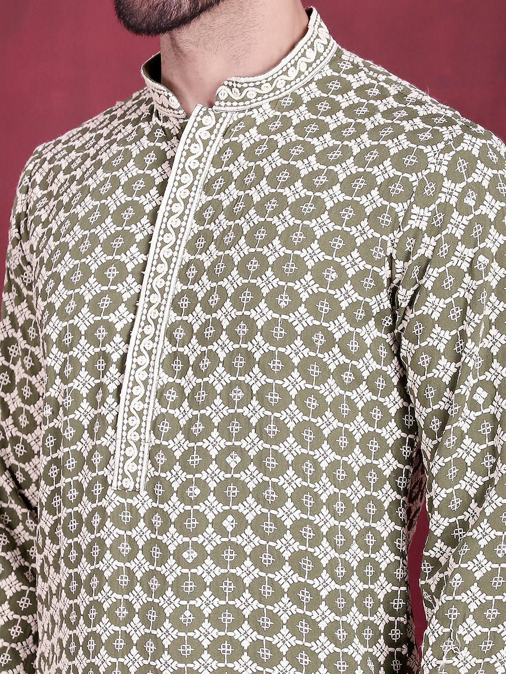 Jompers Men's Sequins Embroidered Kurta - Mehndi | Grocsy