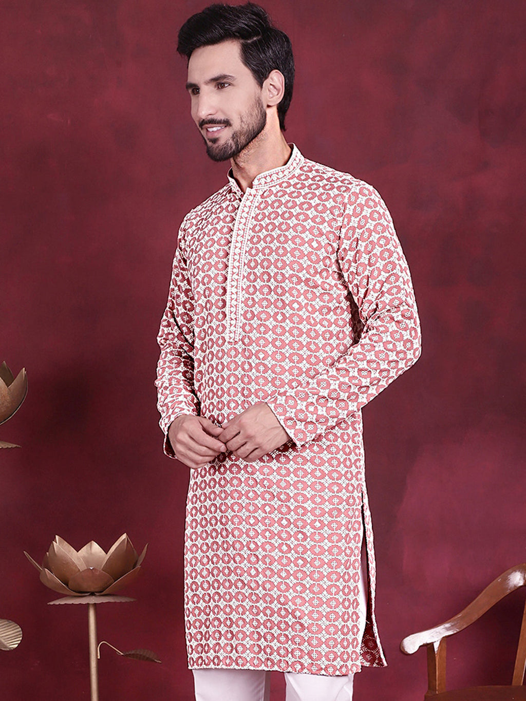 Jompers Men's Sequins Embroidered Kurta - Peach | Grocsy