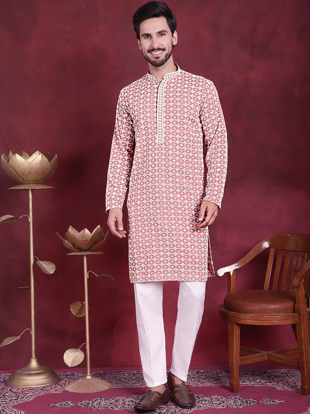 Jompers Men's Sequins Embroidered Kurta - Peach | Grocsy