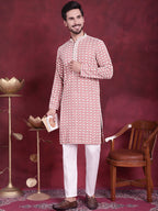 Jompers Men's Sequins Embroidered Kurta - Peach | Grocsy