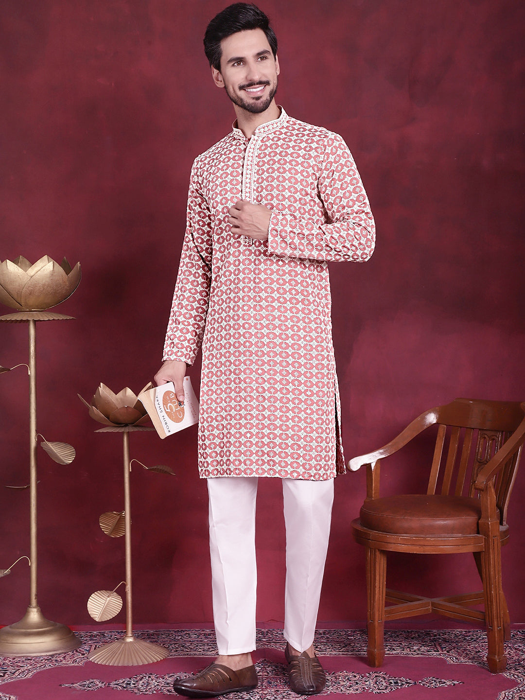 Jompers Men's Sequins Embroidered Kurta - Peach | Grocsy