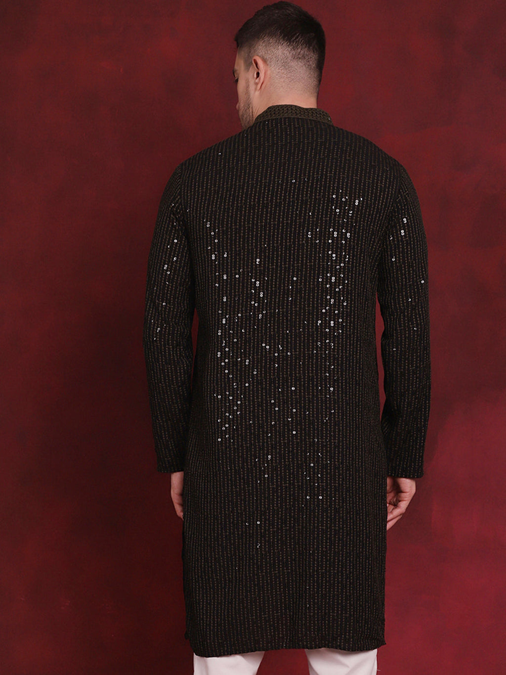 Jompers Men's Sequins Chikankari Embroidered Kurta - Olive | Grocsy