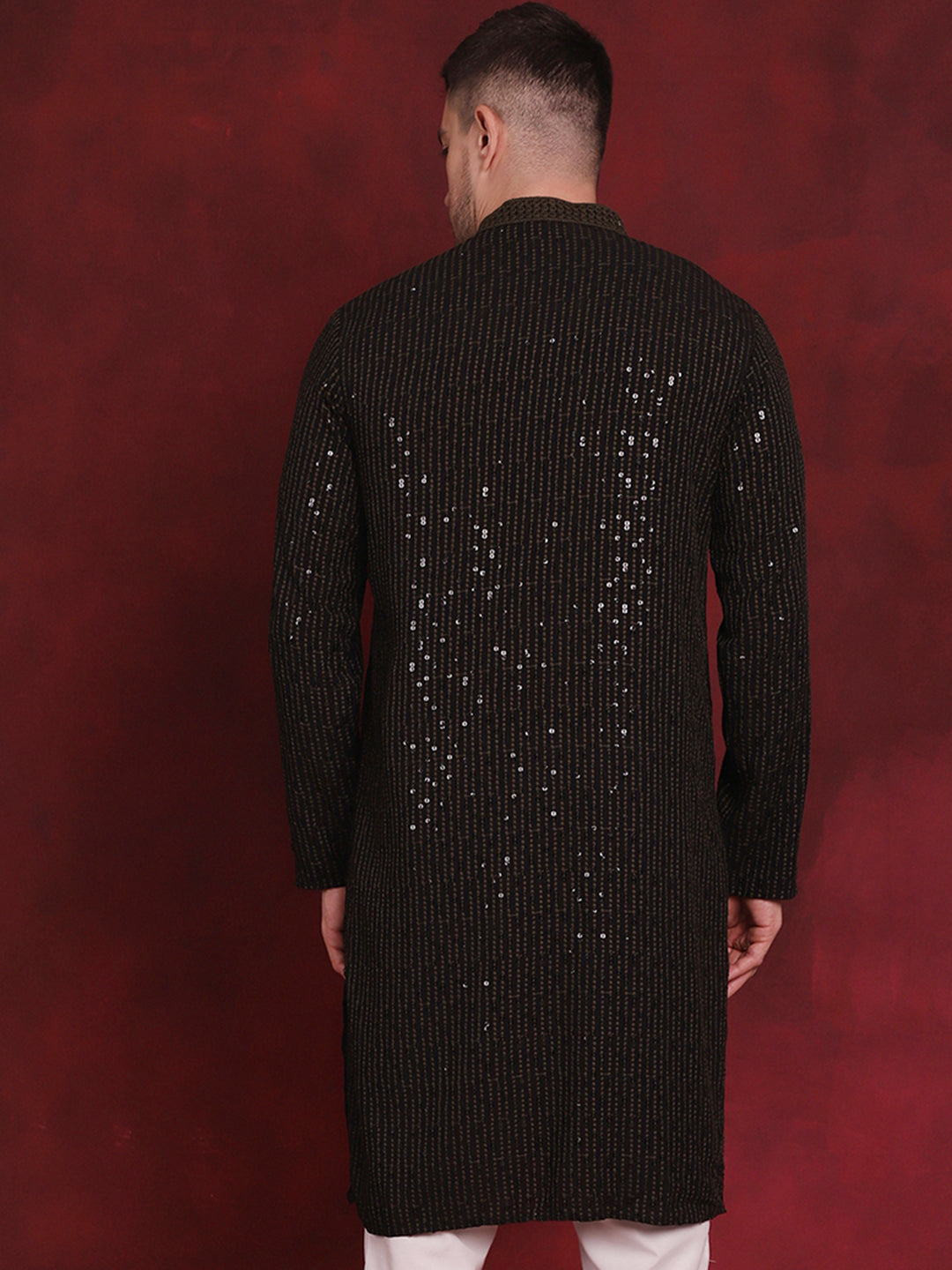 Jompers Men's Sequins Chikankari Embroidered Kurta - Olive | Grocsy