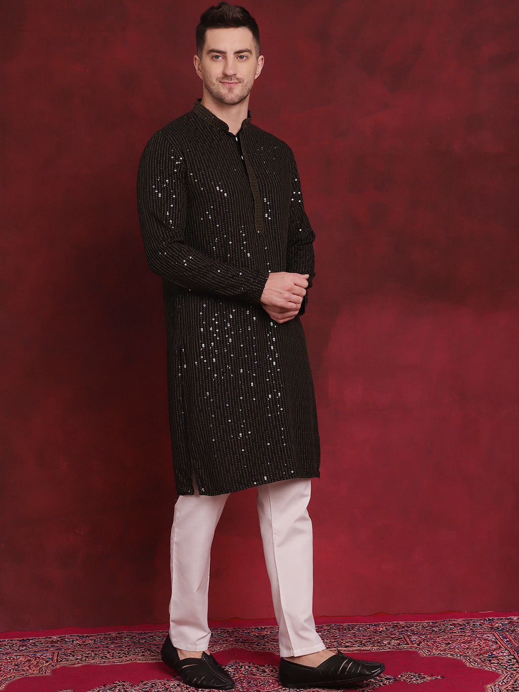 Jompers Men's Sequins Chikankari Embroidered Kurta - Olive | Grocsy