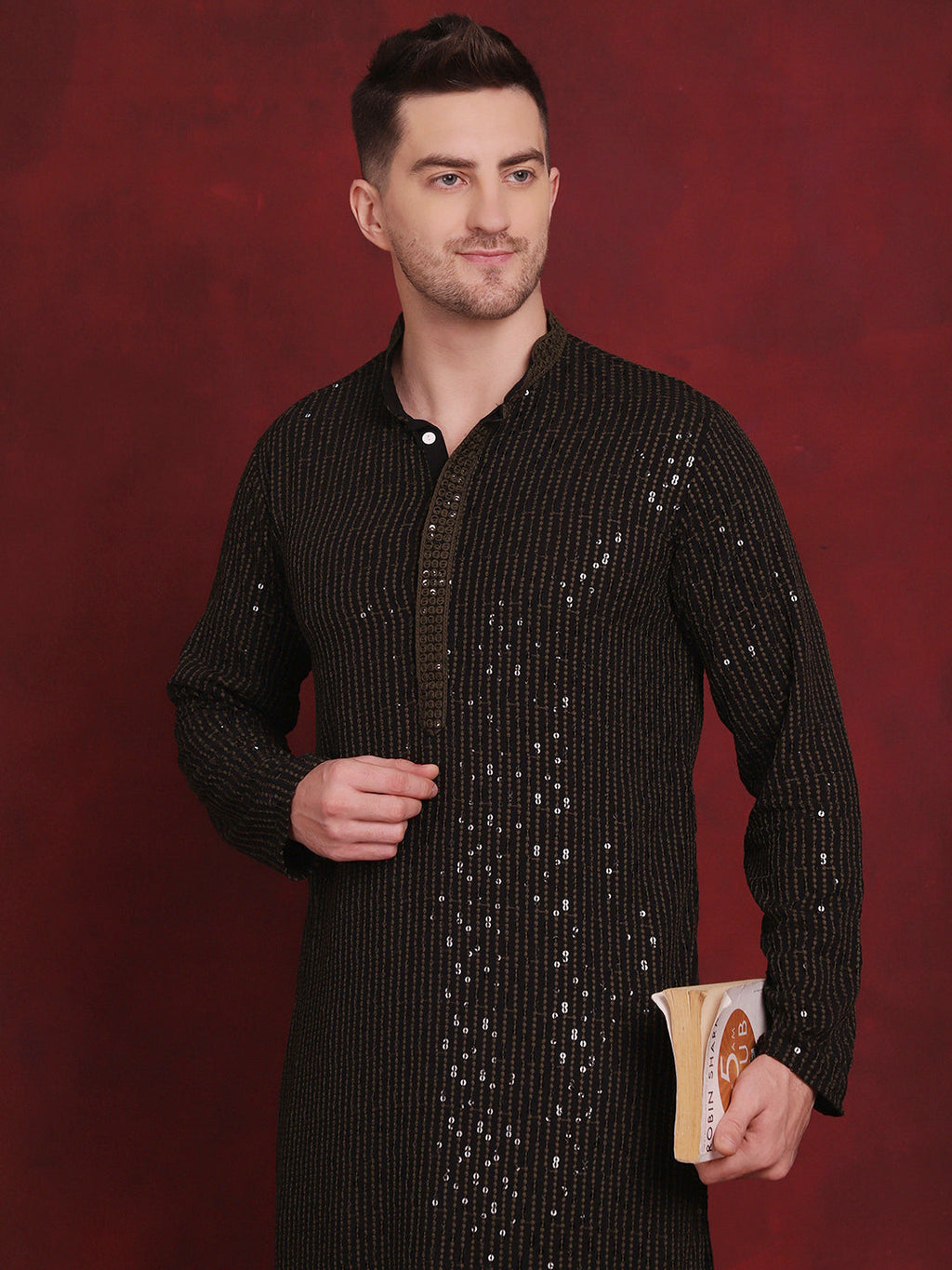 Jompers Men's Sequins Chikankari Embroidered Kurta - Olive | Grocsy