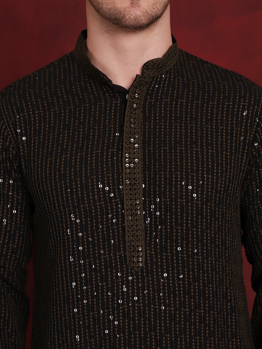 Jompers Men's Sequins Chikankari Embroidered Kurta - Olive | Grocsy
