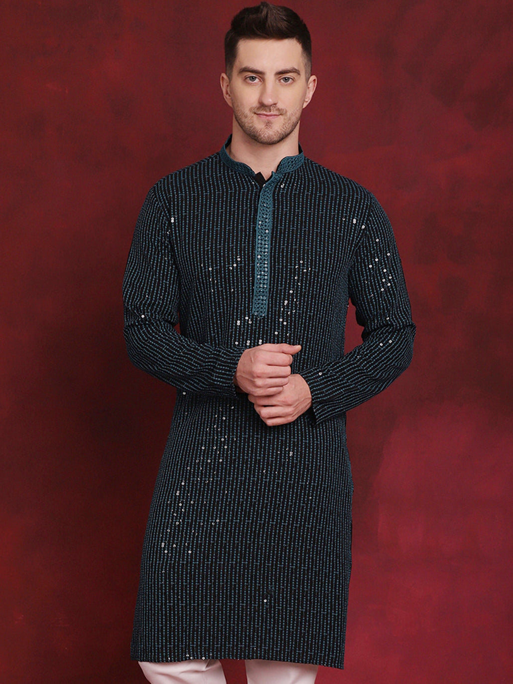 Jompers Men's Sequins Chikankari Embroidered Kurta - Peacock | Grocsy