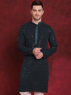 Jompers Men's Sequins Chikankari Embroidered Kurta - Peacock | Grocsy