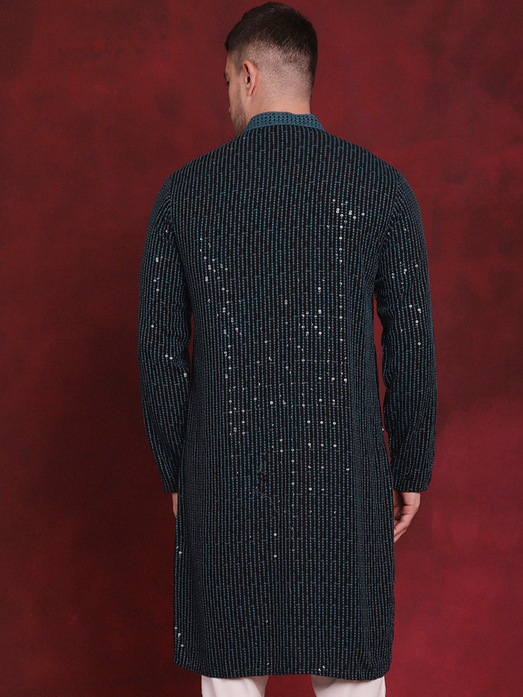 Jompers Men's Sequins Chikankari Embroidered Kurta - Peacock | Grocsy