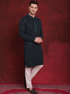 Jompers Men's Sequins Chikankari Embroidered Kurta - Peacock | Grocsy