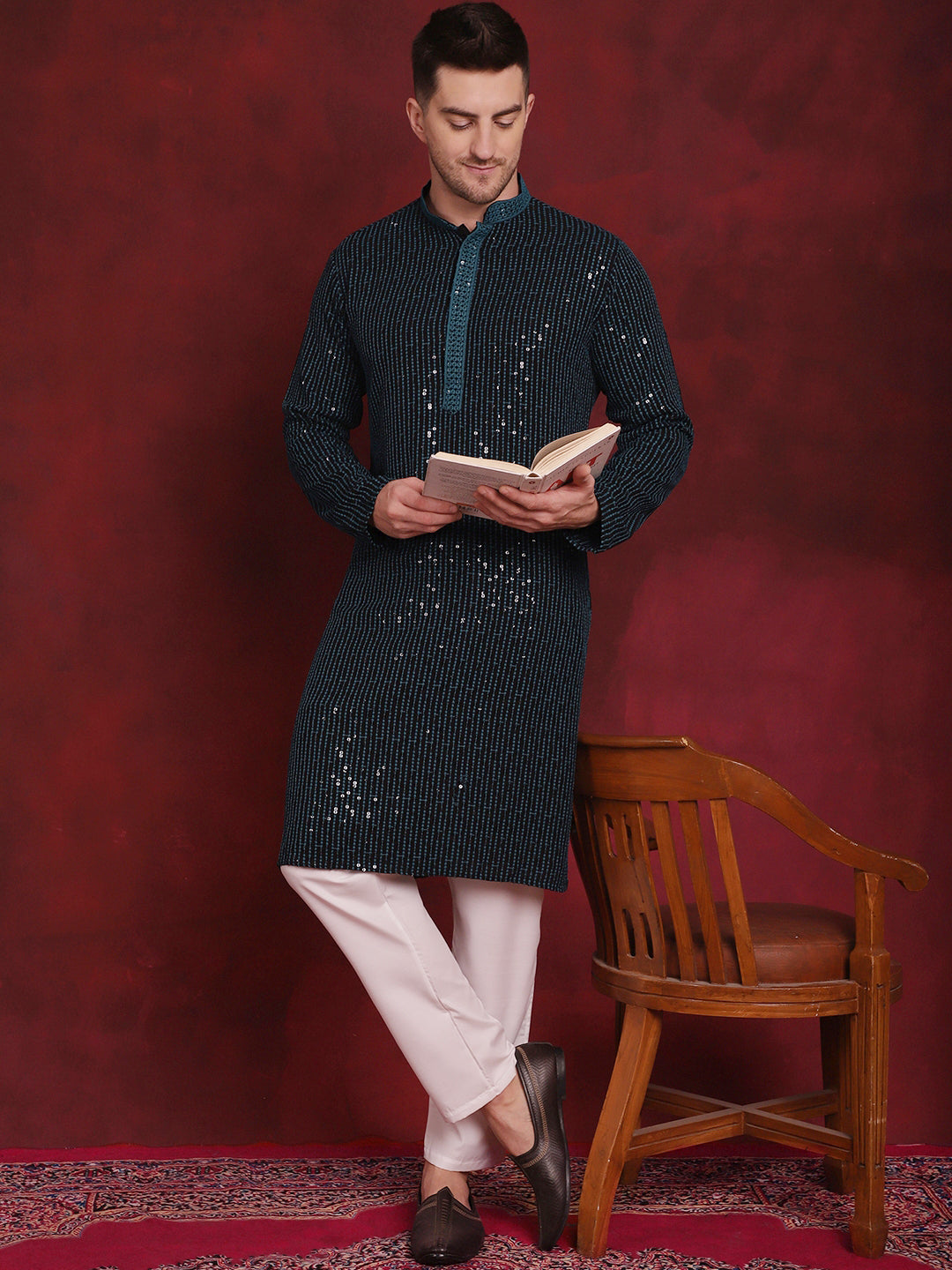 Jompers Men's Sequins Chikankari Embroidered Kurta - Peacock | Grocsy