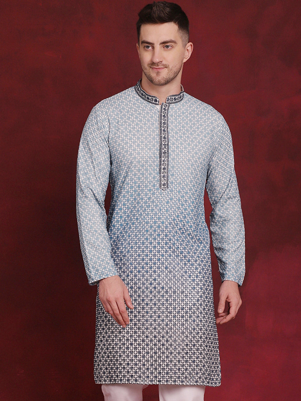 Jompers Men's Sequins Embroidered Kurta - Blue | Grocsy