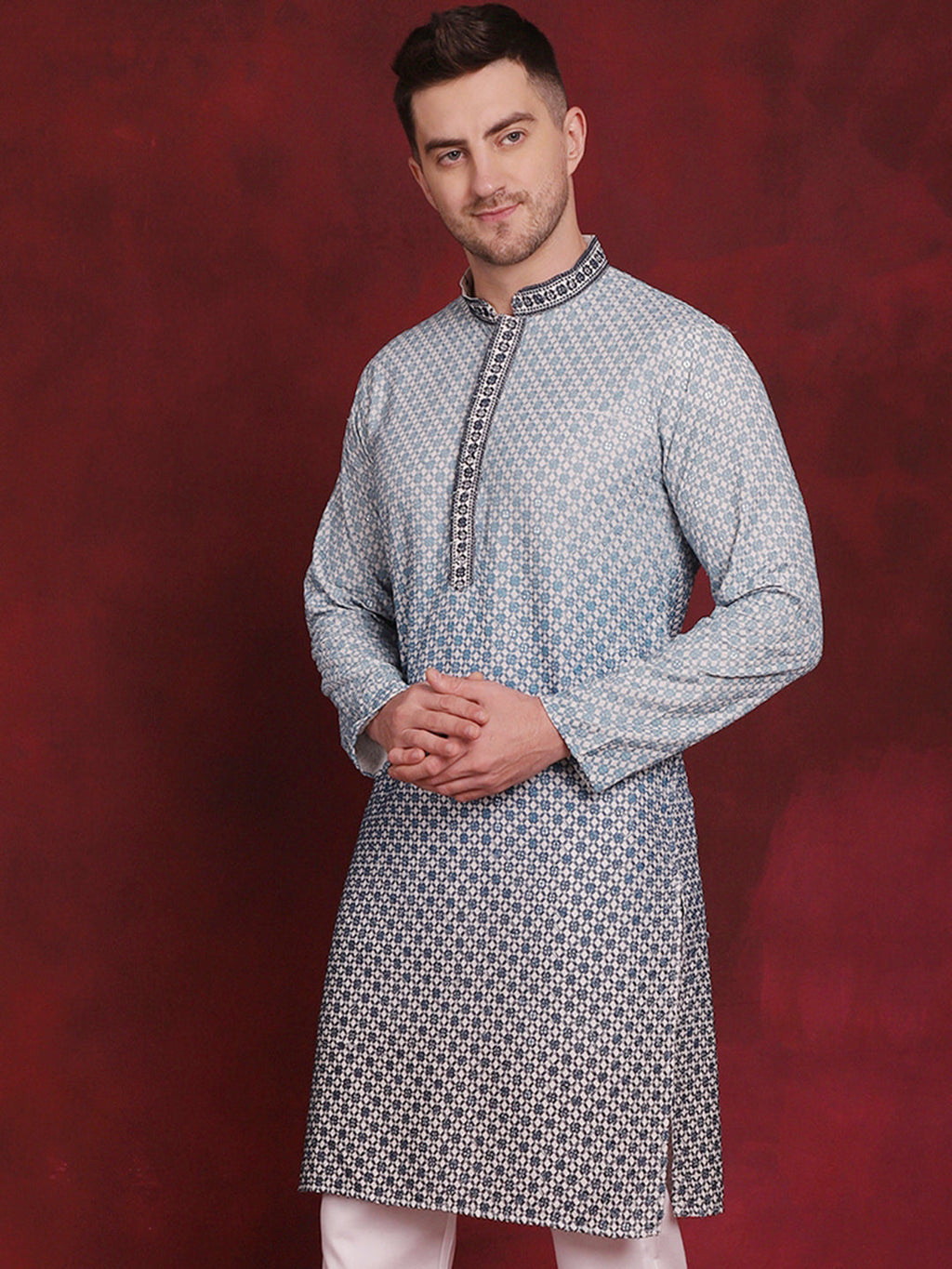 Jompers Men's Sequins Embroidered Kurta - Blue | Grocsy