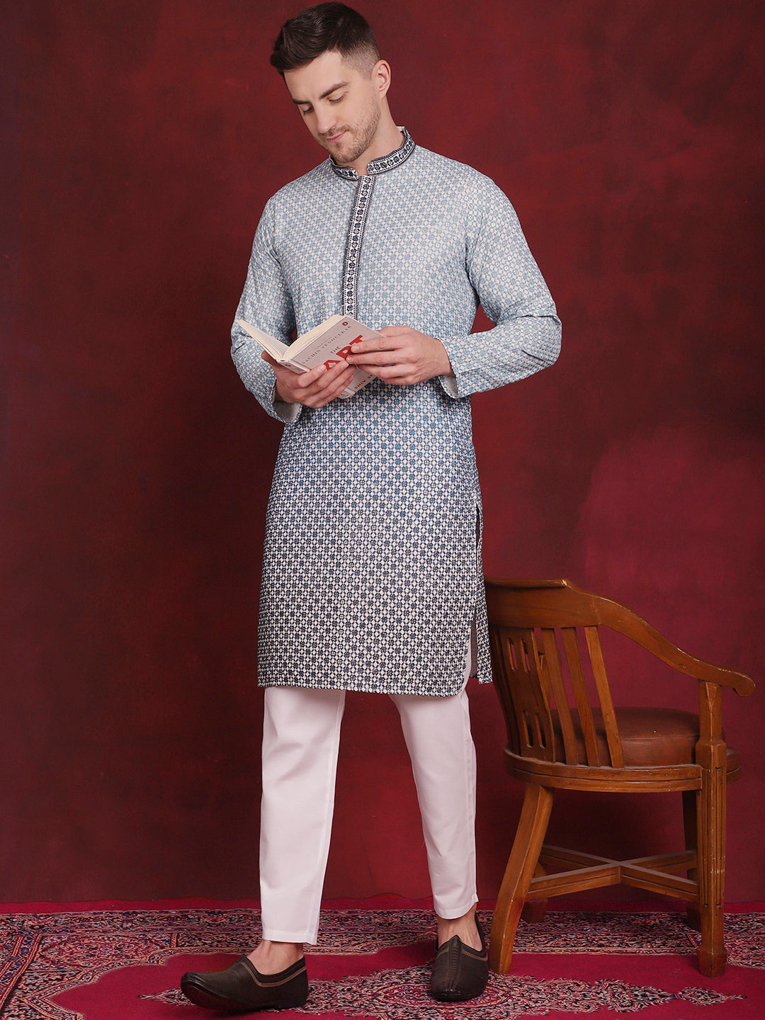Jompers Men's Sequins Embroidered Kurta - Blue | Grocsy