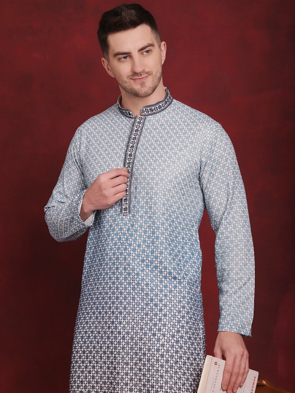 Jompers Men's Sequins Embroidered Kurta - Blue | Grocsy