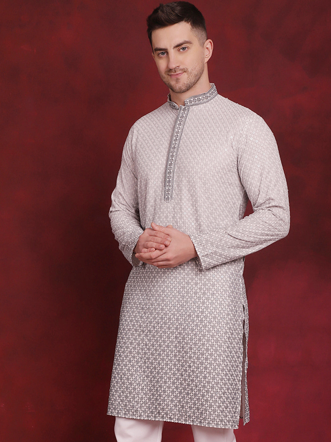 Jompers Men's Sequins Embroidered Kurta - Grey | Grocsy