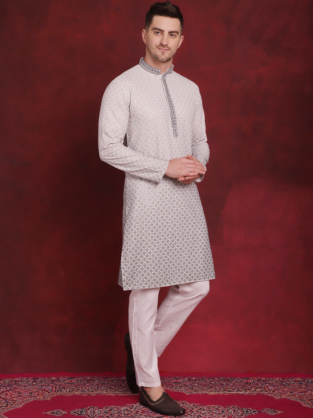 Jompers Men's Sequins Embroidered Kurta - Grey | Grocsy