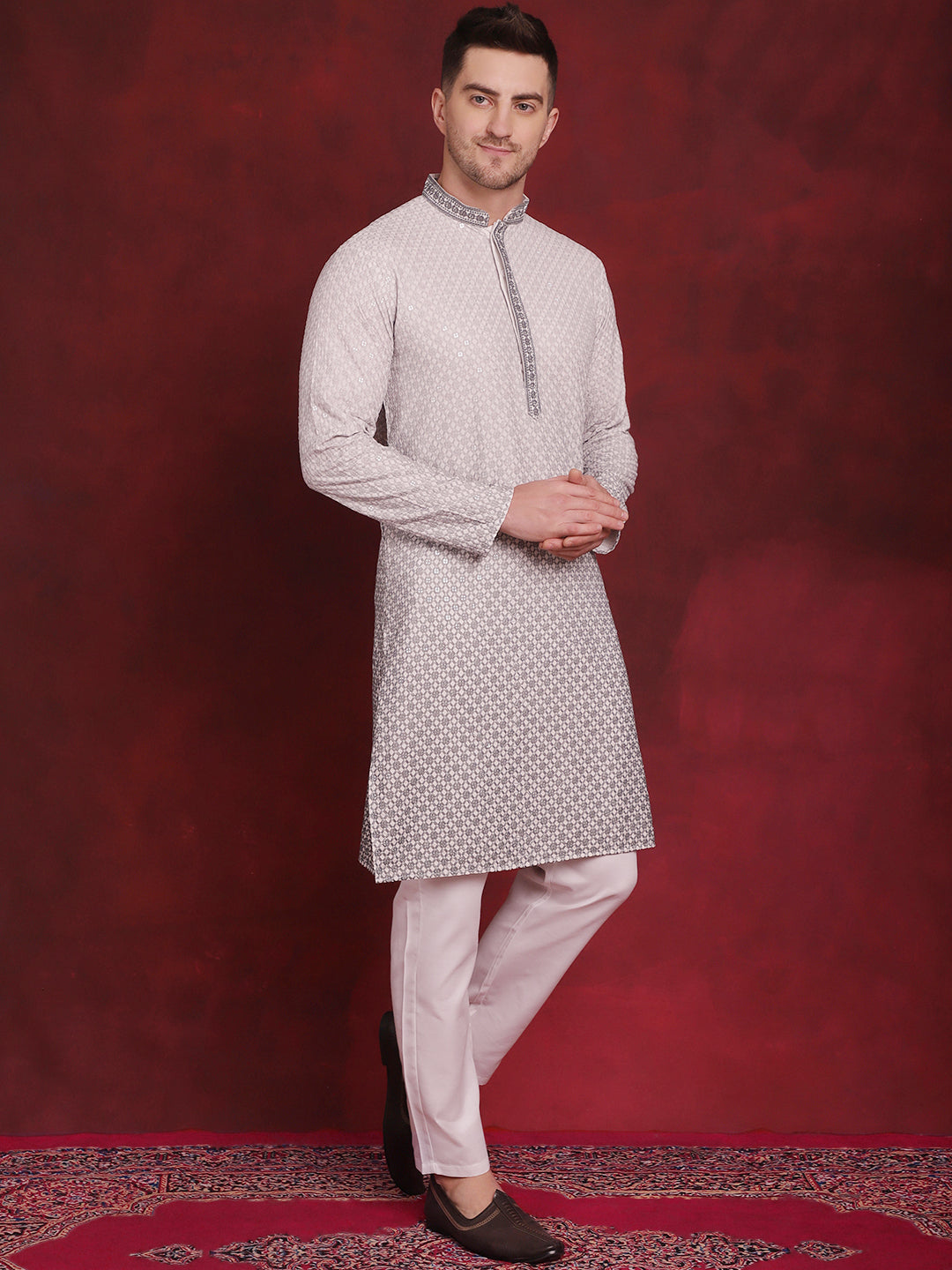 Jompers Men's Sequins Embroidered Kurta - Grey | Grocsy