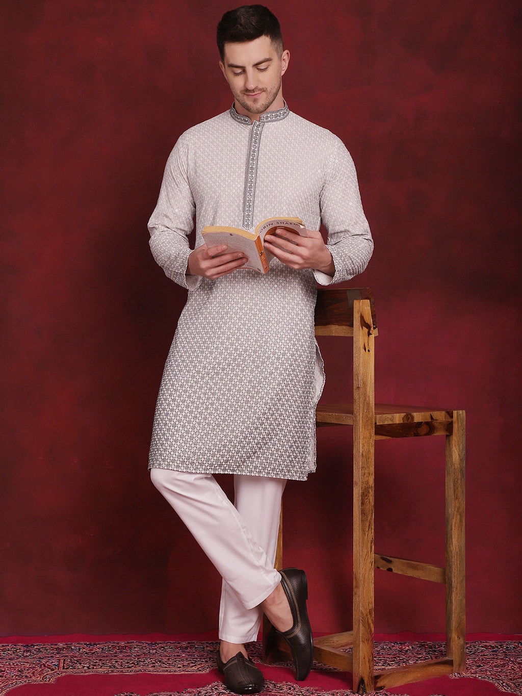 Jompers Men's Sequins Embroidered Kurta - Grey | Grocsy