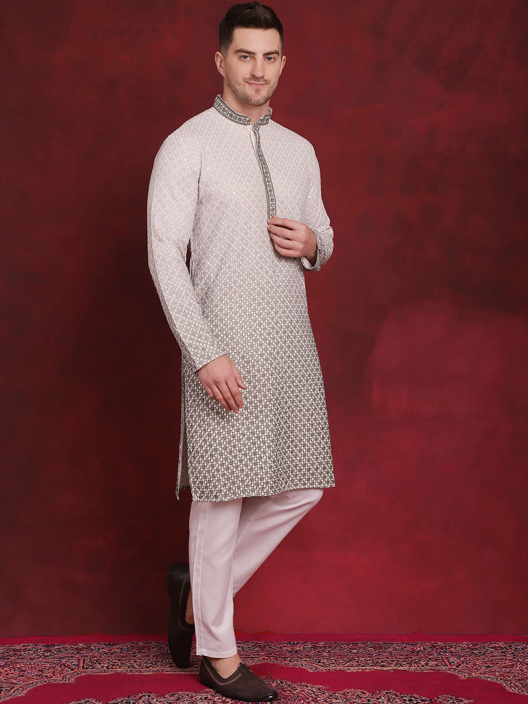 Jompers Men's Sequins Embroidered Kurta - Pista | Grocsy