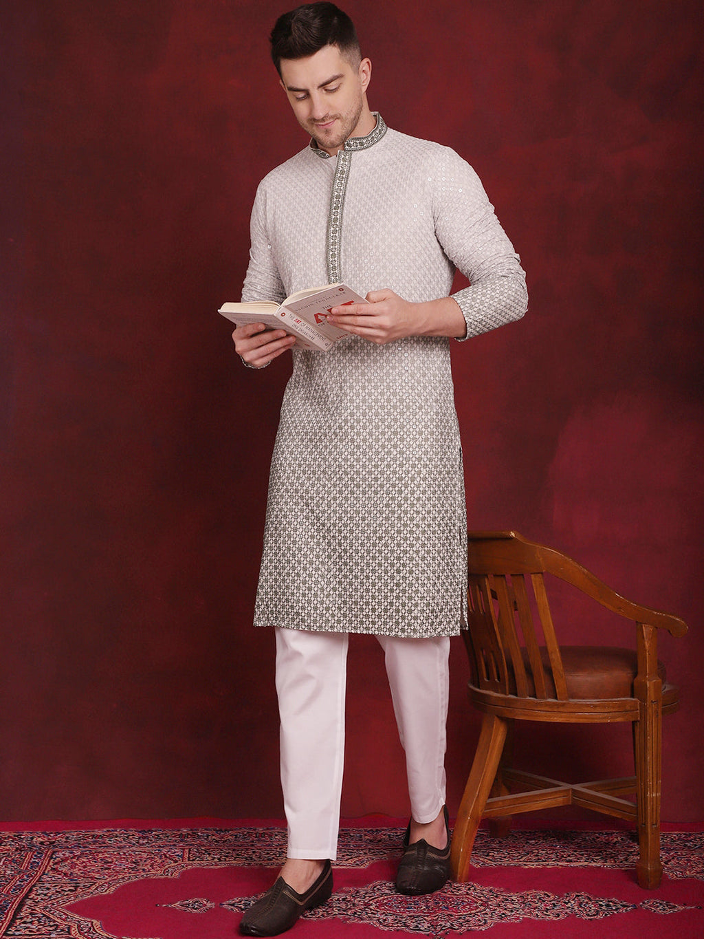 Jompers Men's Sequins Embroidered Kurta - Pista | Grocsy