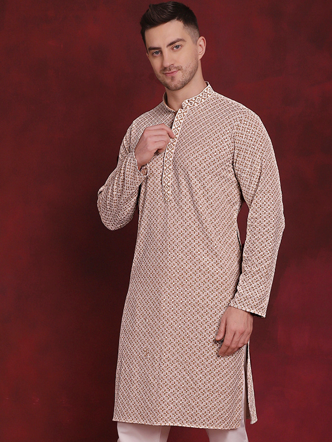 Jompers Men's Sequin Embroidered Pure Cotton Kurta - Beige | Grocsy