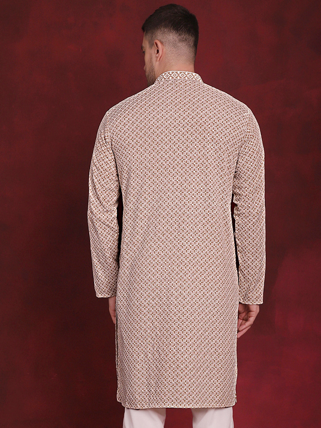 Jompers Men's Sequin Embroidered Pure Cotton Kurta - Beige | Grocsy