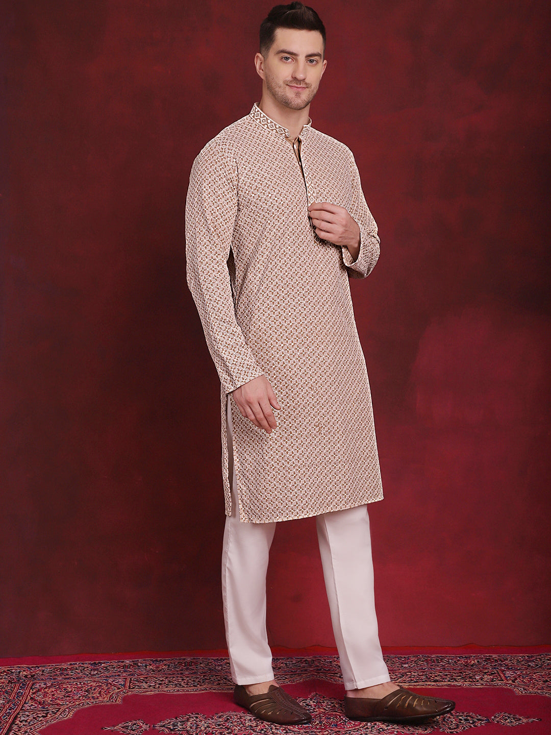 Jompers Men's Sequin Embroidered Pure Cotton Kurta - Beige | Grocsy
