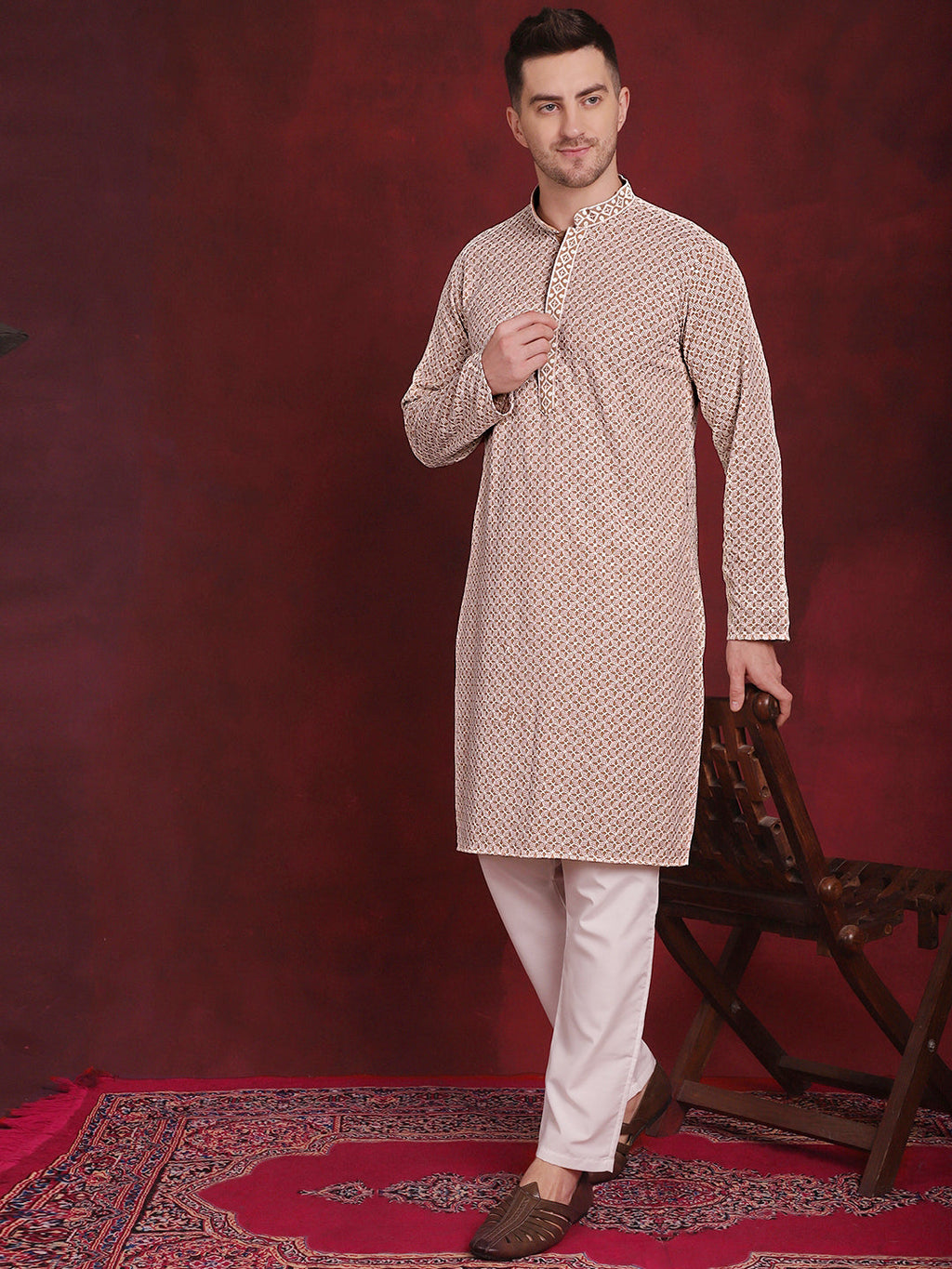 Jompers Men's Sequin Embroidered Pure Cotton Kurta - Beige | Grocsy