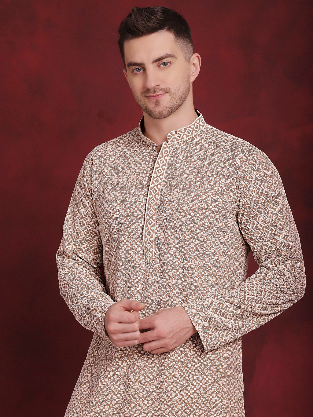Jompers Men's Sequin Embroidered Pure Cotton Kurta - Beige | Grocsy