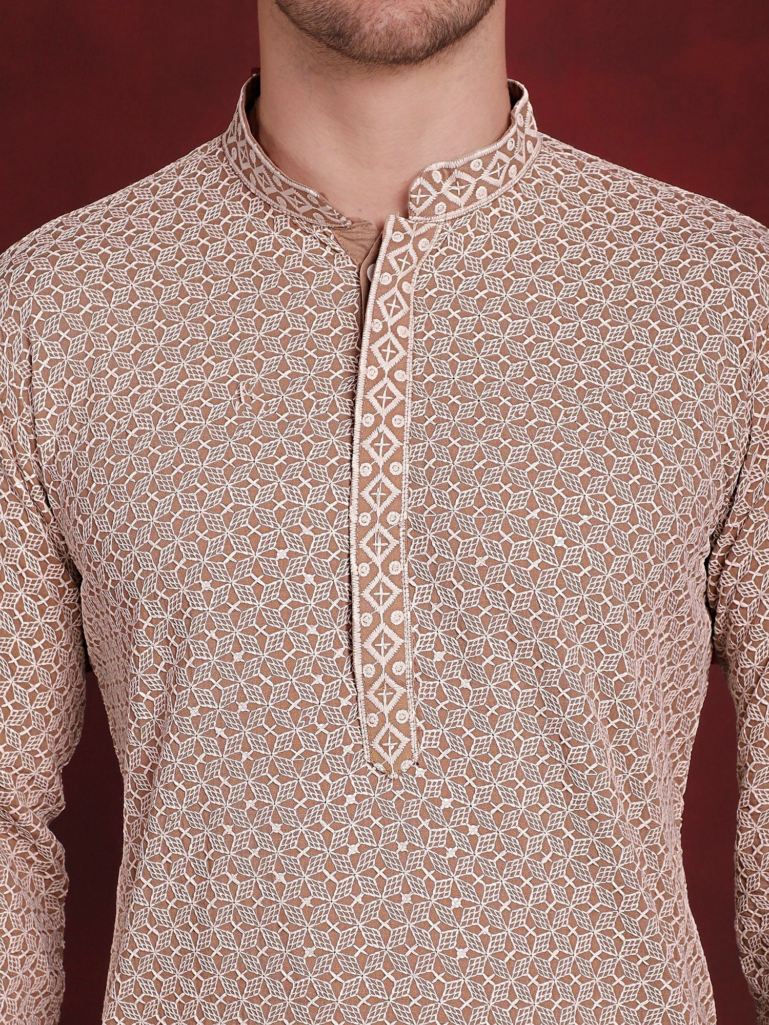 Jompers Men's Sequin Embroidered Pure Cotton Kurta - Beige | Grocsy