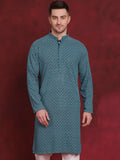 Jompers Men's Sequin Embroidered Pure Cotton Kurta - Blue | Grocsy