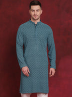 Jompers Men's Sequin Embroidered Pure Cotton Kurta - Blue | Grocsy