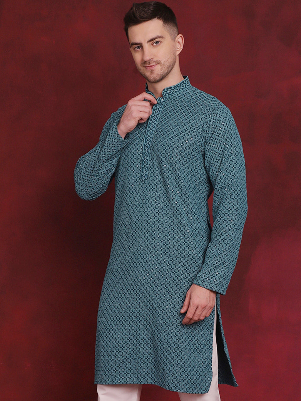Jompers Men's Sequin Embroidered Pure Cotton Kurta - Blue | Grocsy