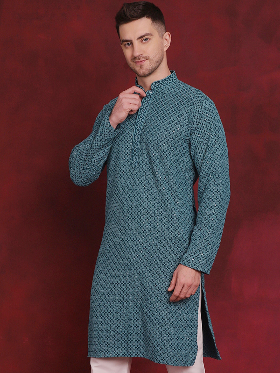 Jompers Men's Sequin Embroidered Pure Cotton Kurta - Blue | Grocsy