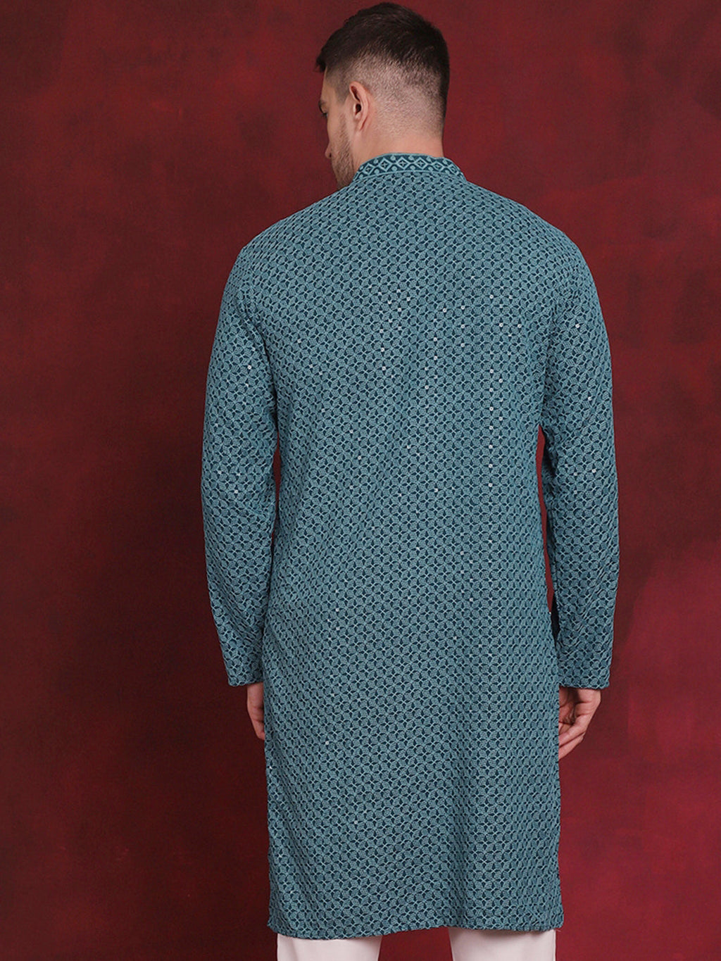 Jompers Men's Sequin Embroidered Pure Cotton Kurta - Blue | Grocsy