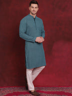 Jompers Men's Sequin Embroidered Pure Cotton Kurta - Blue | Grocsy