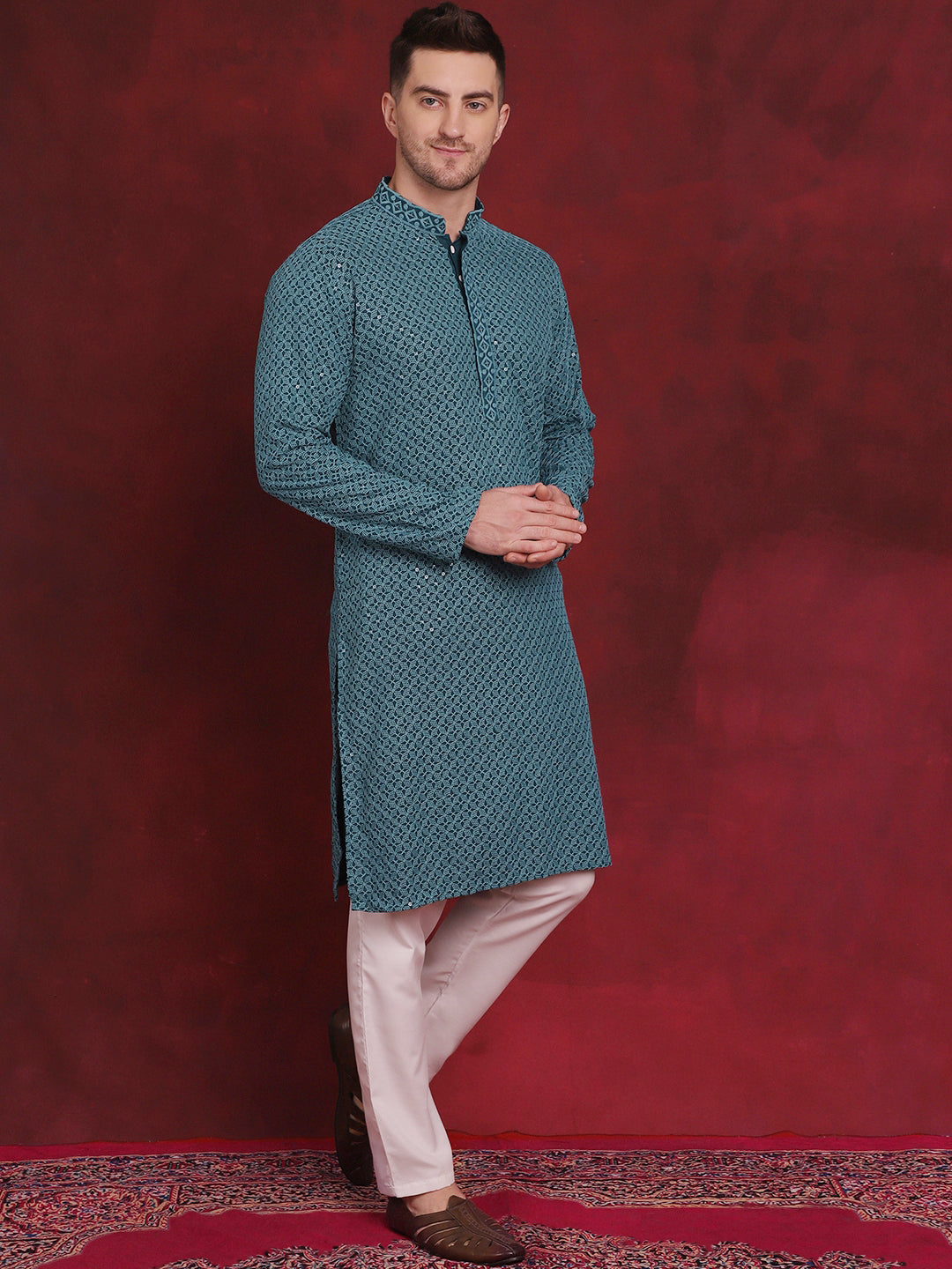 Jompers Men's Sequin Embroidered Pure Cotton Kurta - Blue | Grocsy