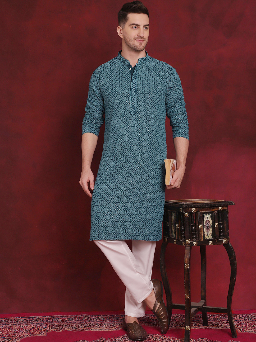Jompers Men's Sequin Embroidered Pure Cotton Kurta - Blue | Grocsy