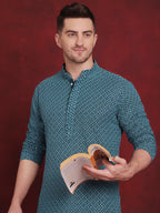 Jompers Men's Sequin Embroidered Pure Cotton Kurta - Blue | Grocsy