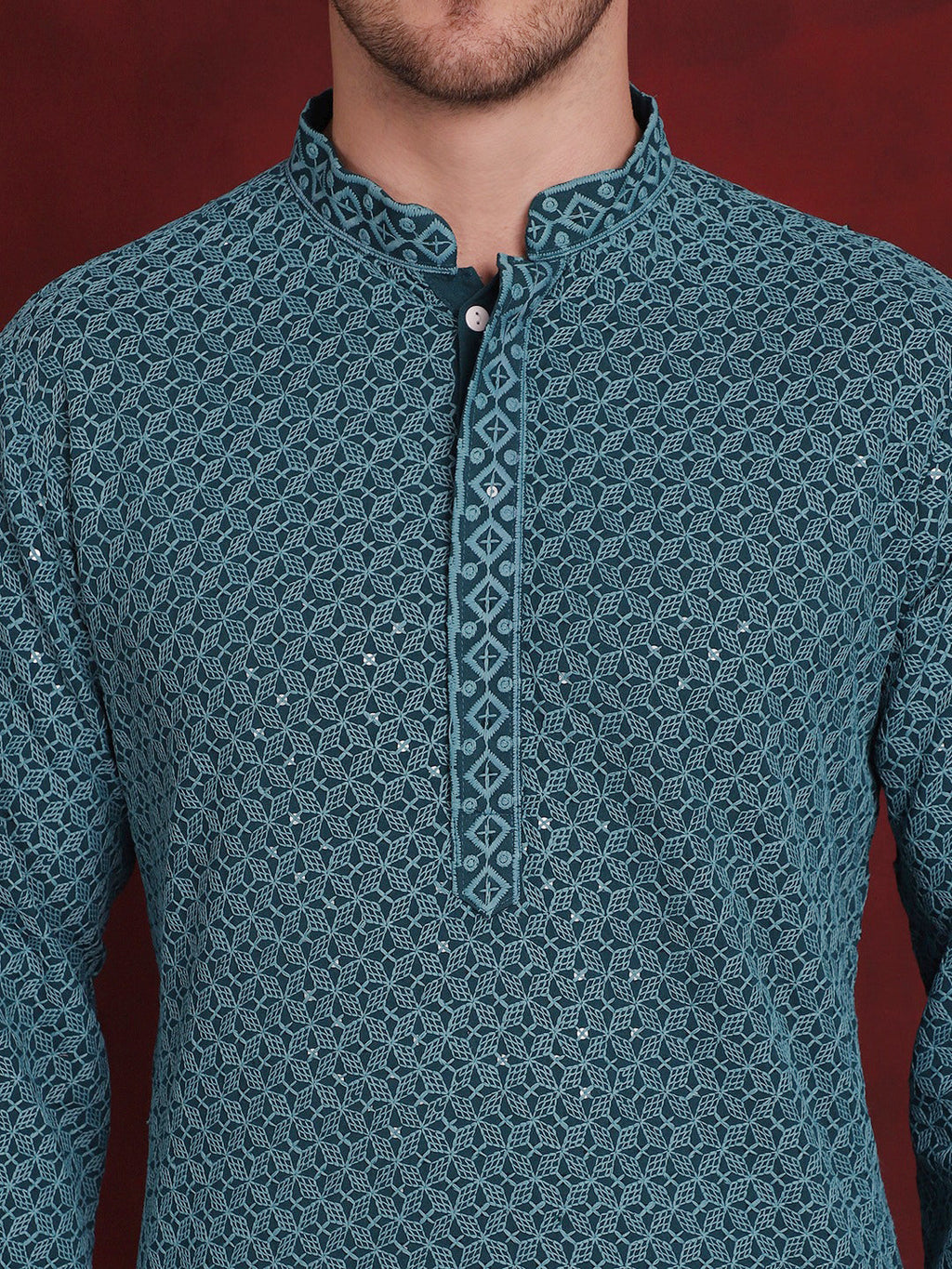 Jompers Men's Sequin Embroidered Pure Cotton Kurta - Blue | Grocsy