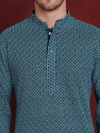 Jompers Men's Sequin Embroidered Pure Cotton Kurta - Blue | Grocsy