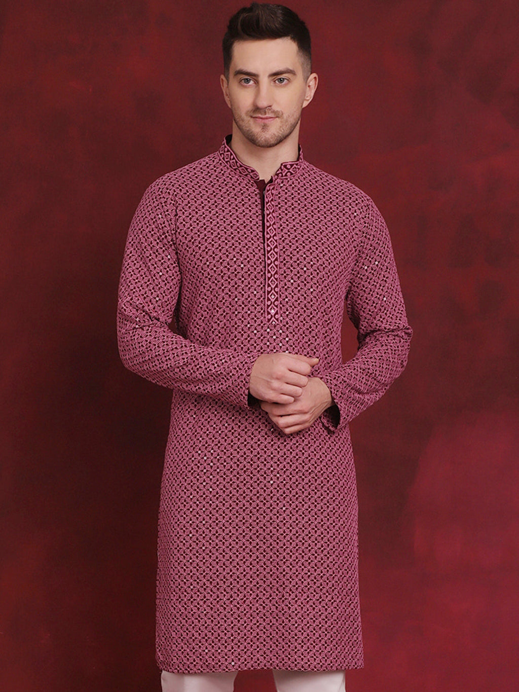 Jompers Men's Sequin Embroidered Pure Cotton Kurta - Magenta | Grocsy
