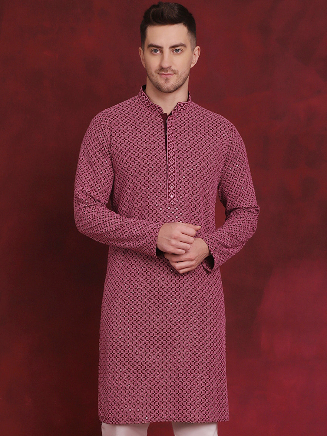 Jompers Men's Sequin Embroidered Pure Cotton Kurta - Magenta | Grocsy
