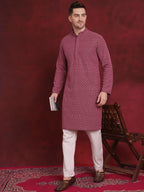 Jompers Men's Sequin Embroidered Pure Cotton Kurta - Magenta | Grocsy