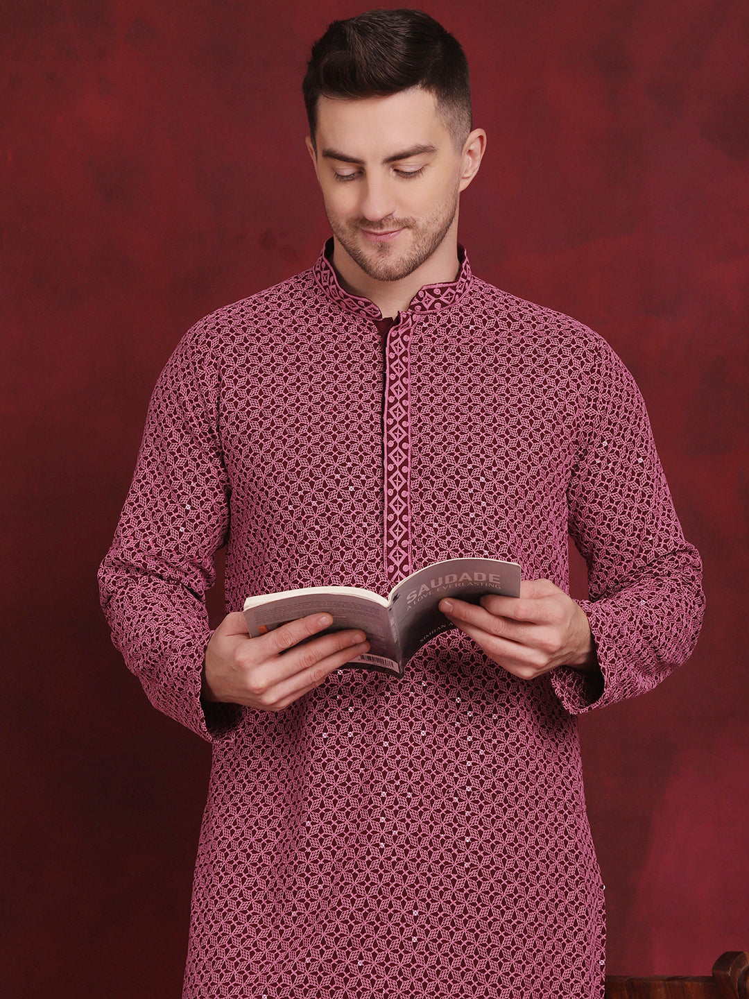 Jompers Men's Sequin Embroidered Pure Cotton Kurta - Magenta | Grocsy