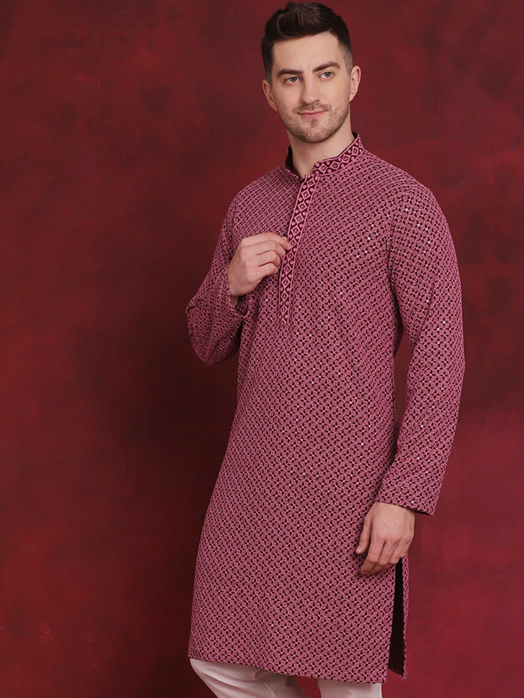 Jompers Men's Sequin Embroidered Pure Cotton Kurta - Magenta | Grocsy
