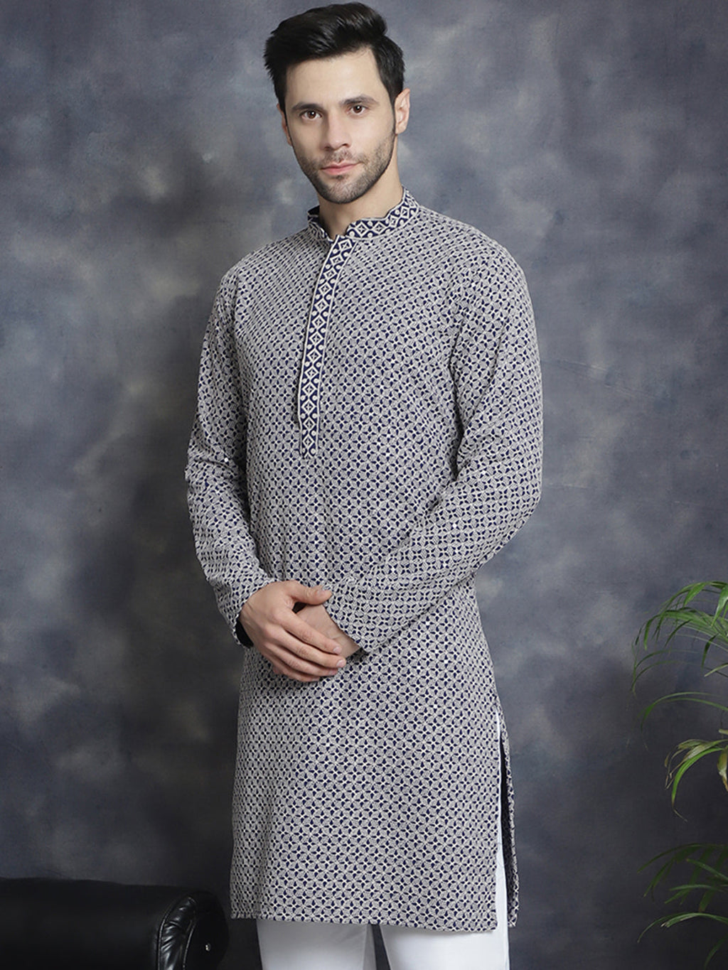 Jompers Men's Sequin Embroidered Pure Cotton Kurta - Navy Blue | Grocsy