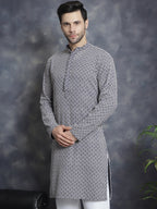 Jompers Men's Sequin Embroidered Pure Cotton Kurta - Navy Blue | Grocsy